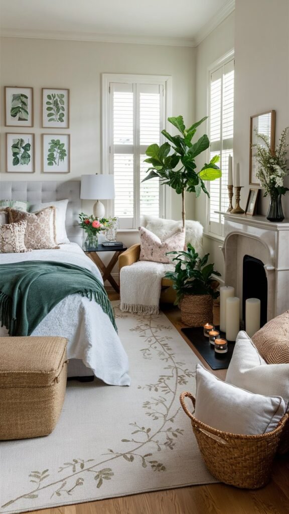 A cozy and stylish bedroom featuring a large leafy plant in the corner, a modern bed with green and white bedding, decorative pillows, a wooden nightstand with a lamp and vase of flowers, a white rug with a leaf pattern, a wicker ottoman, and candles on a fireplace mantel.