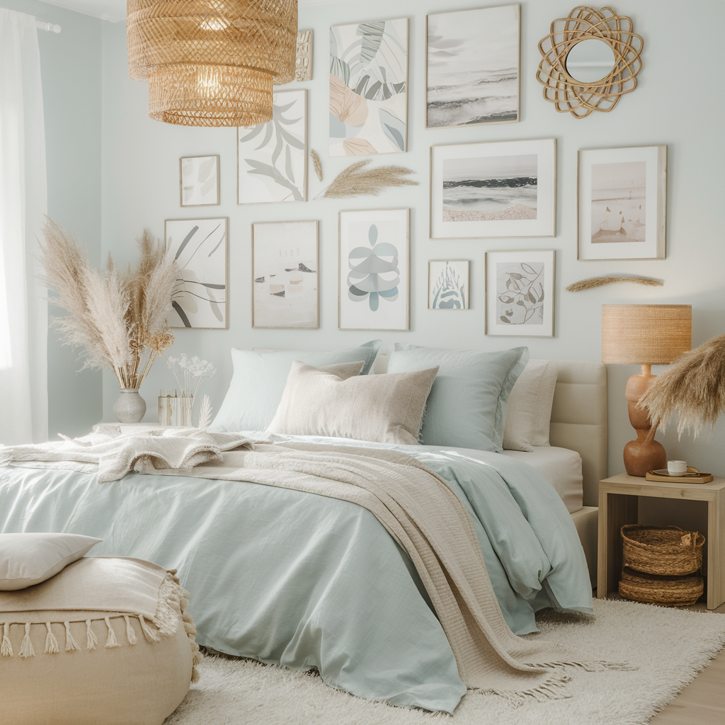 coastal bedroom ideas featuring light blue bedding and gallery wall